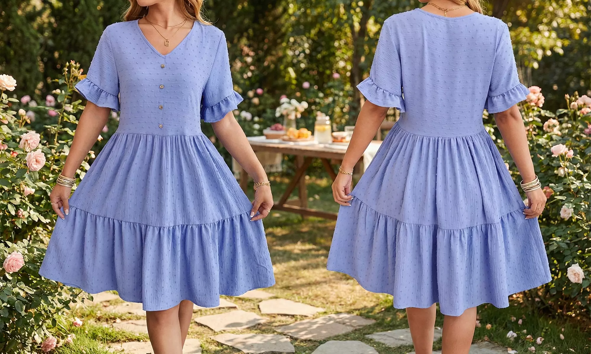 Womens V Neck Short Sleeve Swiss Dot Ruffle Hem Summer Dress