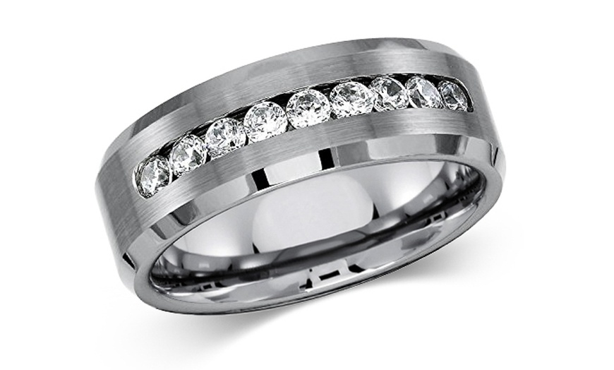 Image 2: Men's Solid Titanium Beveled Edge Center Cz Comfort Fit Wedding Band