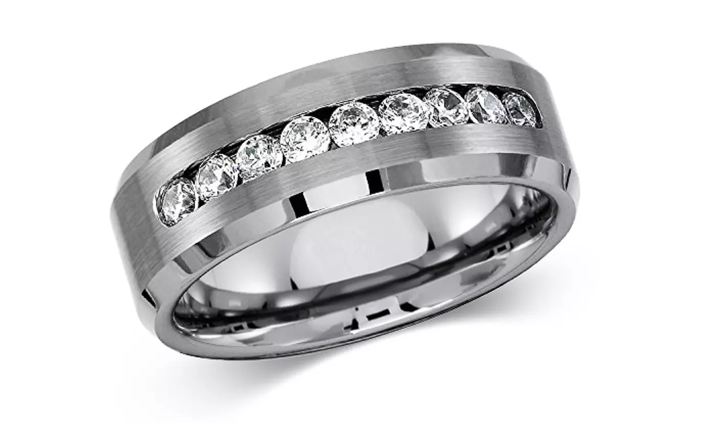 Men's Solid Titanium Beveled Edge Center Cz Comfort Fit Wedding Band