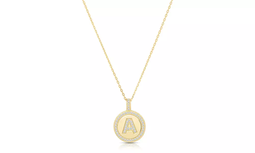 Crystal Round Disc Initial Pendant Necklace in 14K Gold Plated