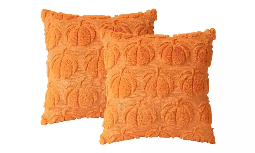 Set of 2 Pumpkin Fall Decorative Faux Fur Throw Pillow Covers 18"x18"
