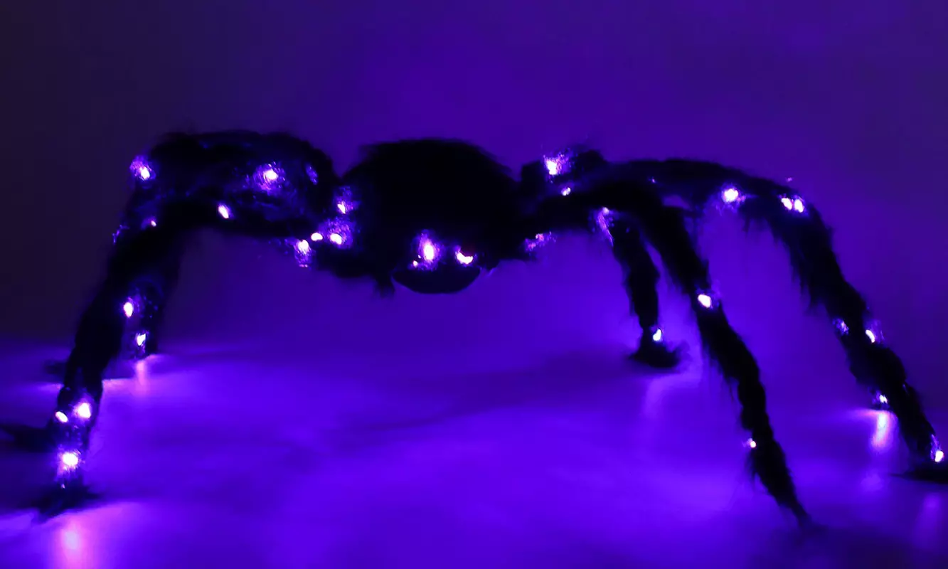 2.5Ft Giant Scary Fake Black Hairy Spiders with Purple Lights for Halloween