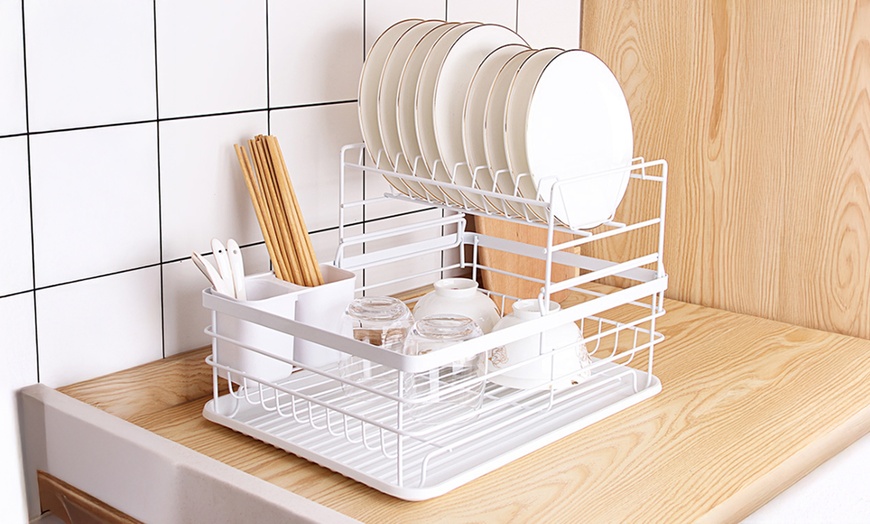 Image 2: Two-Tier Metal Dish Drying Rack with Removable Drip Tray