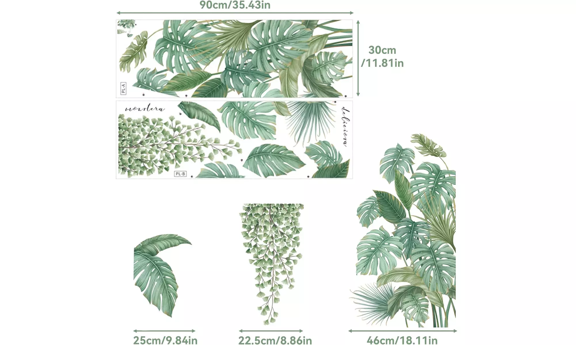 1 ou 2 lots de 2 autocollants muraux en forme de plantes tropicales - Second Medium