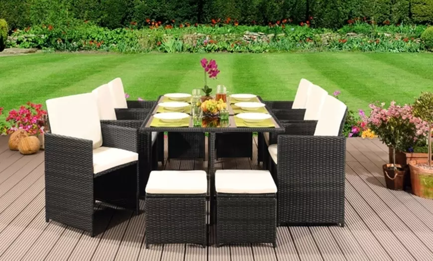 Image 8: 9 or 11 Piece High Back Rattan-Effect Cube Dining Set