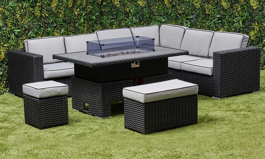 Image 1: 6-Seater Rattan Effect Garden Firepit Dining Set