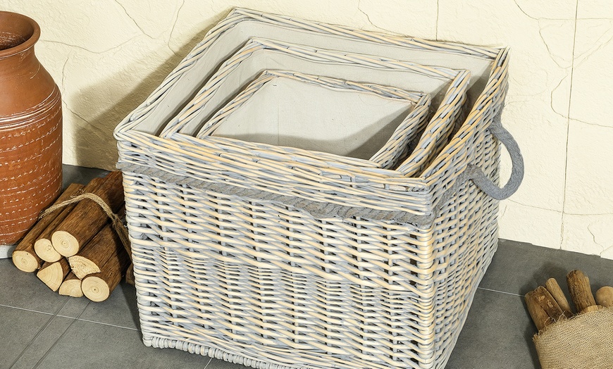 Image 3: Outsunny Set of 3 Wicker Log Basket with Liner and Rope Handles