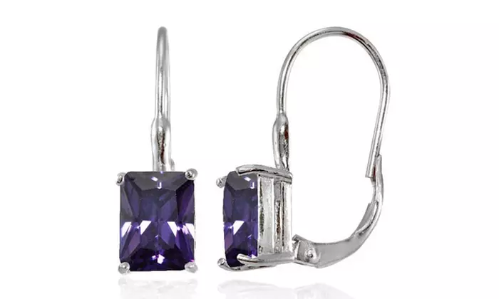 Sterling Silver Cubic Zirconia Amethyst Emerald-Cut Leverback Earrings