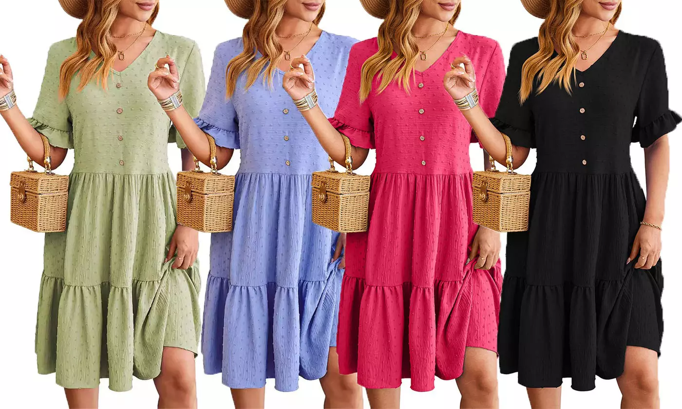 Womens V Neck Short Sleeve Swiss Dot Ruffle Hem Summer Dress