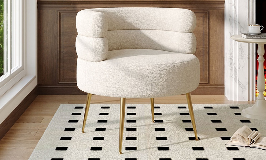 Image 1: Upholstered Teddy Fur Barrel Accent Chair with Black Metal Legs