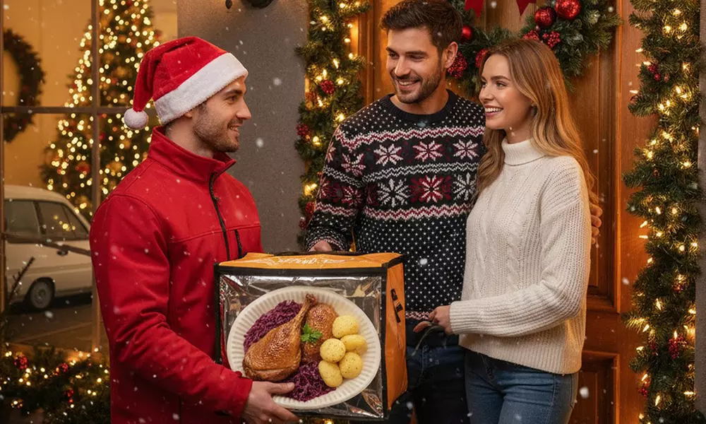 Gans zum Abholen oder Liefern mit Beilagen und Rotwein für 4 Personen