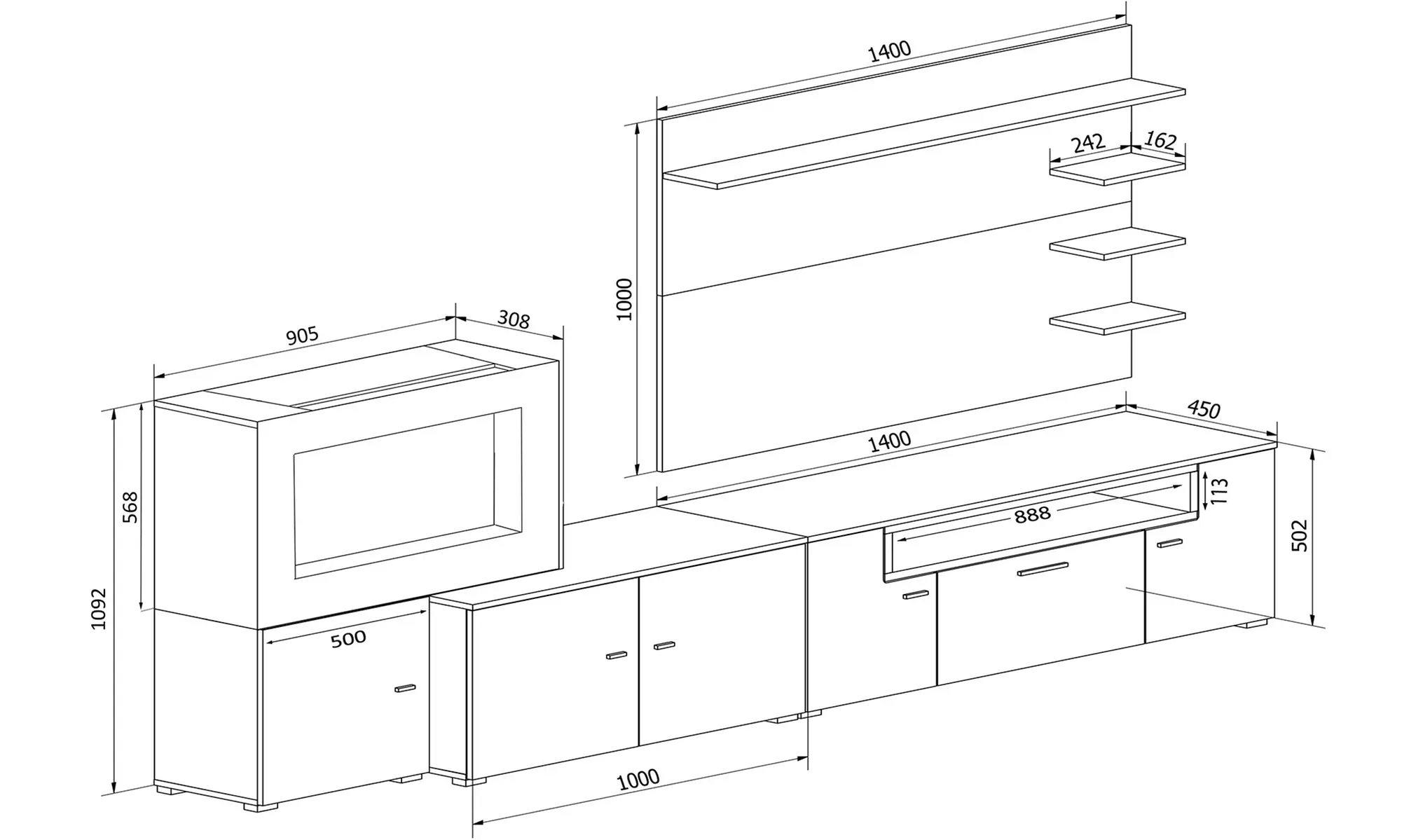 Woonkamermeubel 'Olympo' met elektrische haard