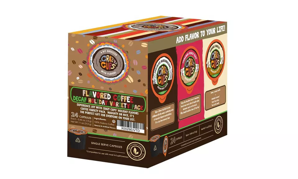 Crazy Cups Decaf Holiday Variety Pack Hot or Iced Coffee K Cups, 24 or 72 Count