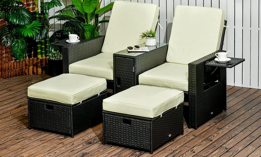 Image 1: Outsunny Rattan-Effect 2 Sun Loungers with Footstools, with Cushions