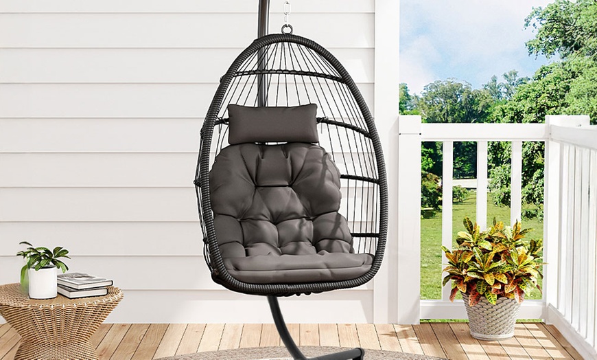 Image 49: Black Outdoor Hanging Egg Chair with Cushion