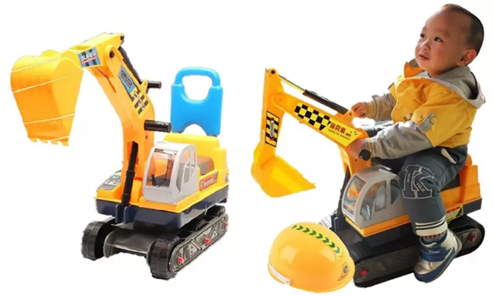 Kids' Two-in-One Ride-On Digger and Push Along Excavator with Hard Hat - Primary Image