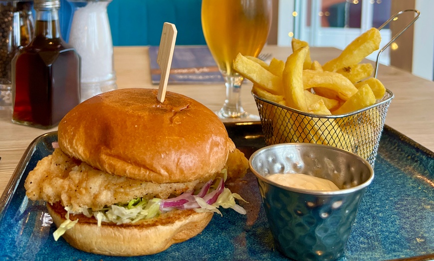 Image 3: Chicken or Veggie Burger with Chips and Salad and Beer for 1, 2, or 4