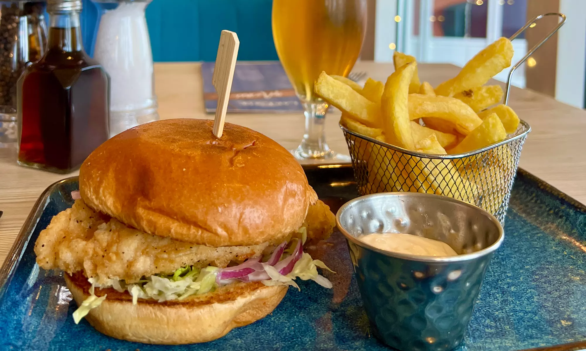 Chicken or Veggie Burger with Chips and Salad and Beer for 1, 2, or 4