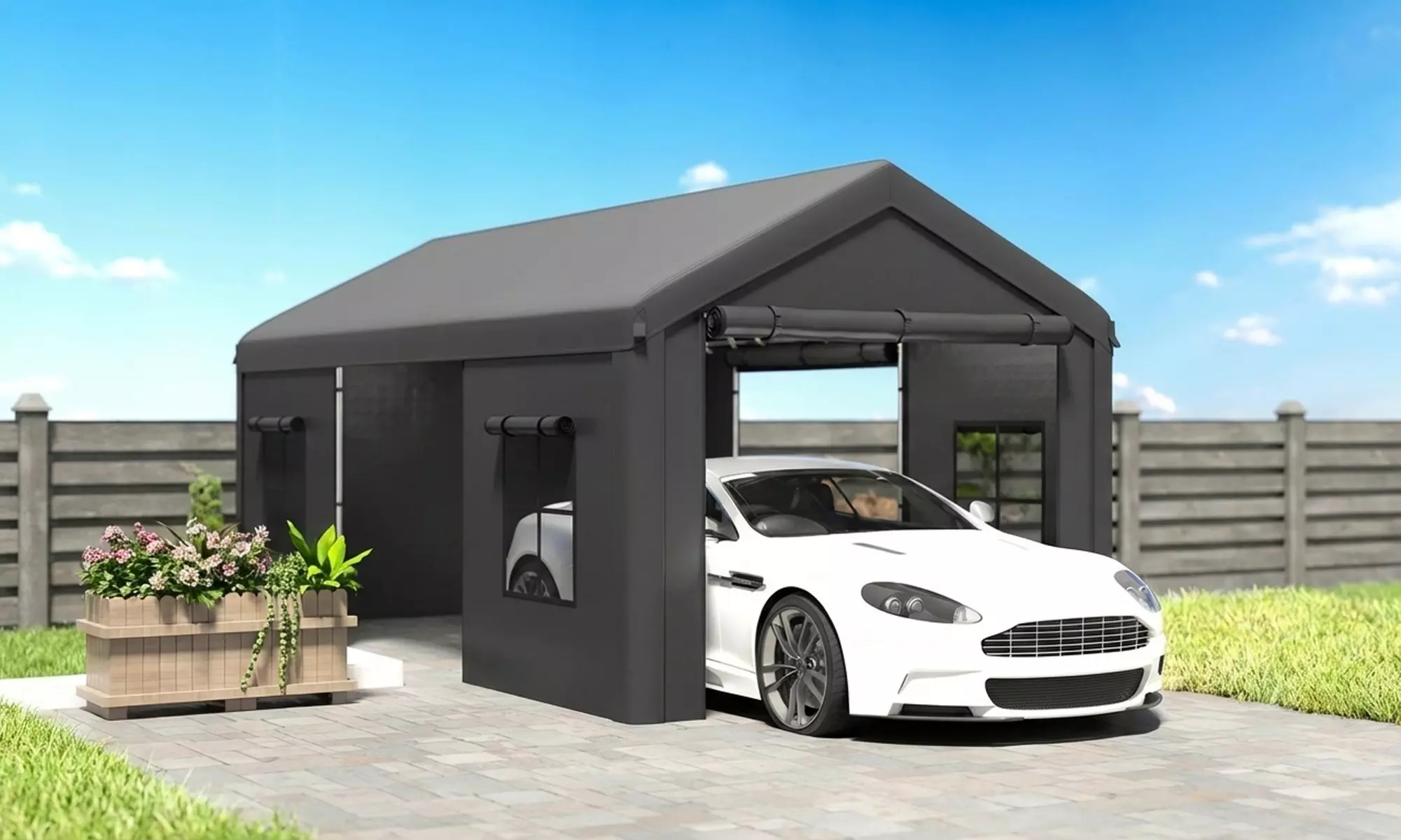 Outsunny 3 x 6 m Fully Enclosed Carport with Doors and Windows