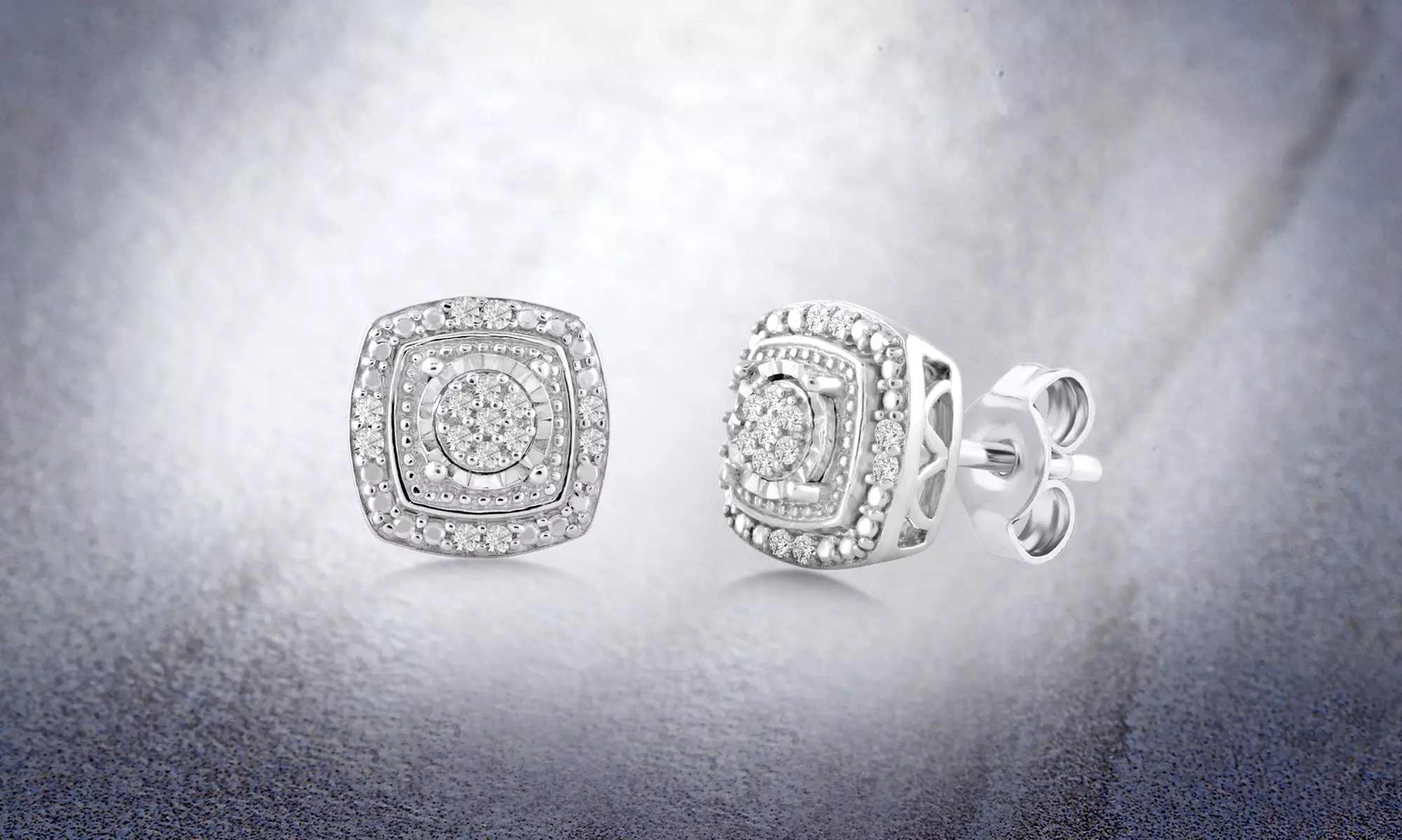 1/10 CT Diamond Cluster Halo Cushion Frame Stud Earrings in Sterling Silver