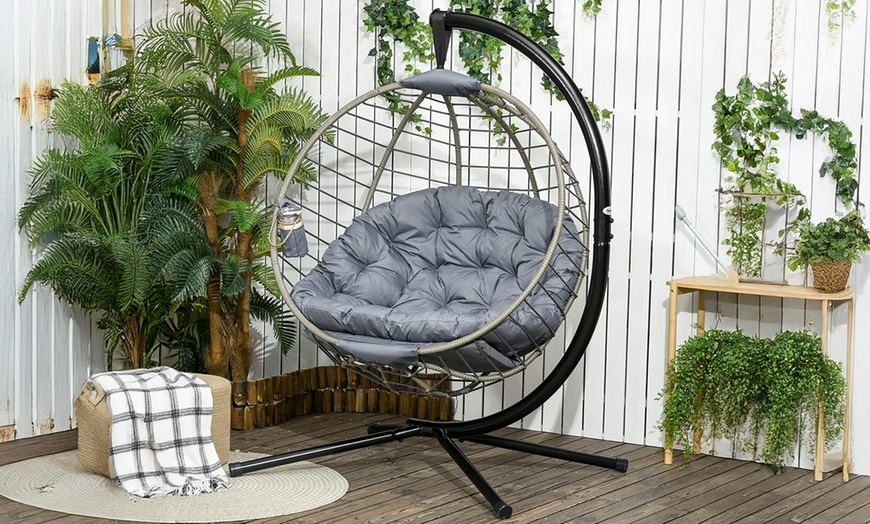 Image 1: Outsunny Outdoor Rattan-Effect Hanging Chair