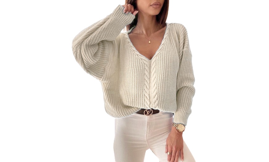 Image 10: Women's Braided V-Neck Cable Knit Oversized Jumper 