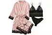 Women's 4pc Lace Silk Lingerie Pajama Set w/ Bralette, Panties, Robe & Shorts - Second Medium