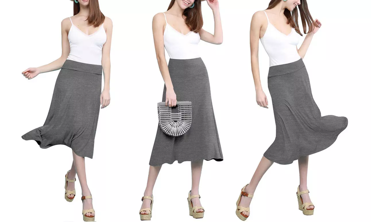 Women's Solid Lightweight Flare Midi Pull On Skirt