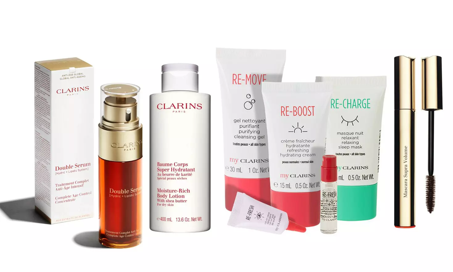Clarins Skincare or Makeup Collection – Double Serum, Moisture Rich Body Lotion, Grab and Go Set or Supra Volume Mascara - Primary Image