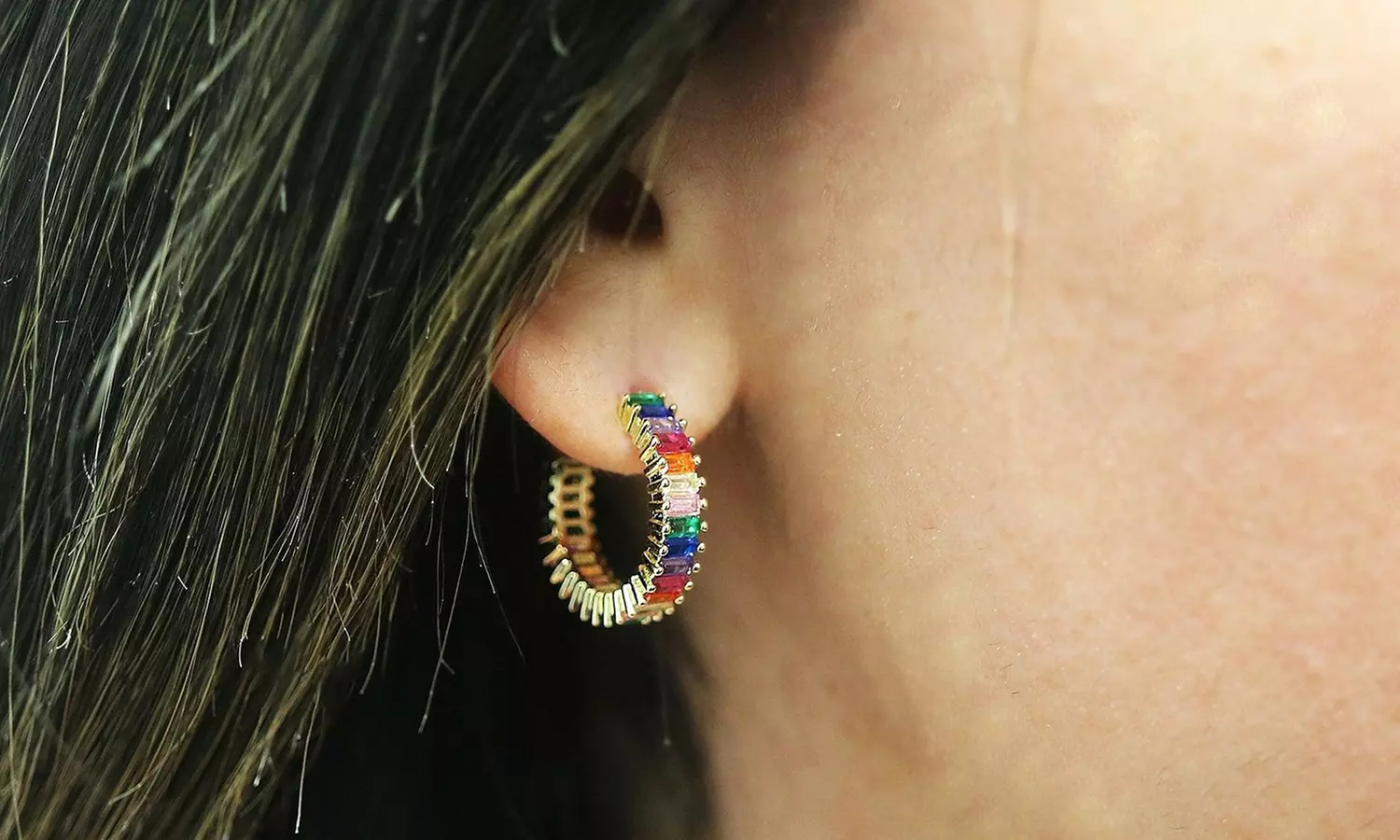 14k White Gold Plated Cubic Zirconia Multicolor Rainbow Round Hoop Stud Earrings