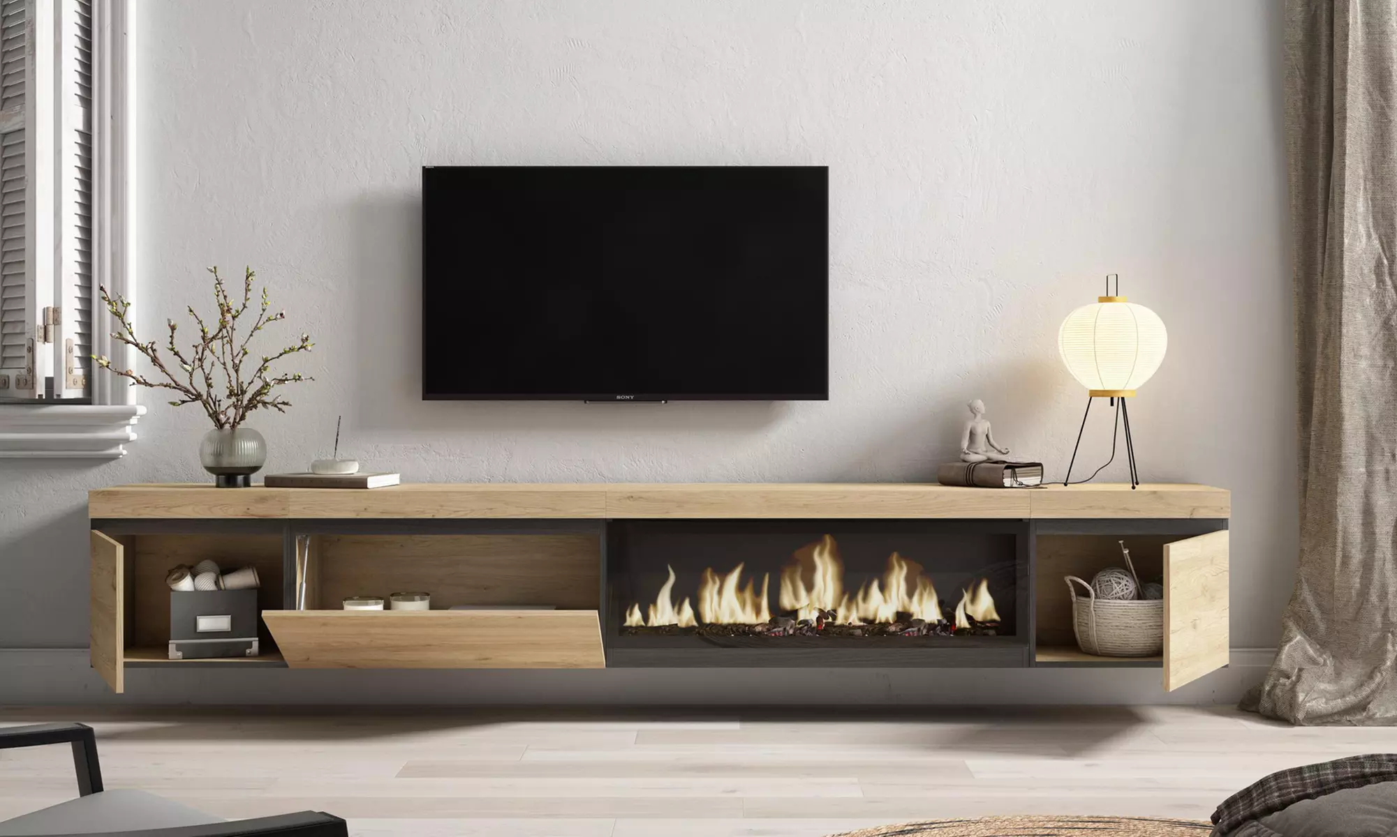 Hängender TV-Schrank 320 cm od. TV-Schrank 288 cm + elektrischer Kamin