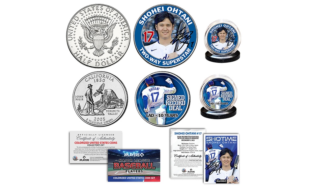 Shohei Ohtani 1st Ever LA Dodgers Licensed 2023 JFK and Qtr 2-COIN SET w/Card