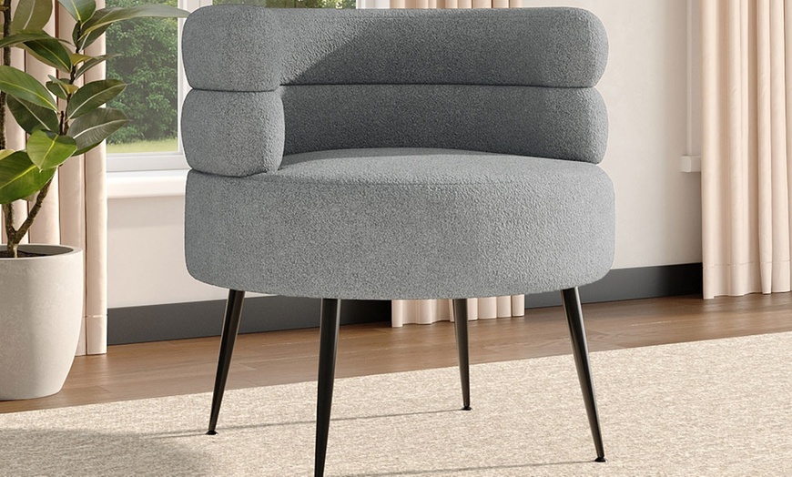 Image 3: Upholstered Teddy Fur Barrel Accent Chair with Black Metal Legs