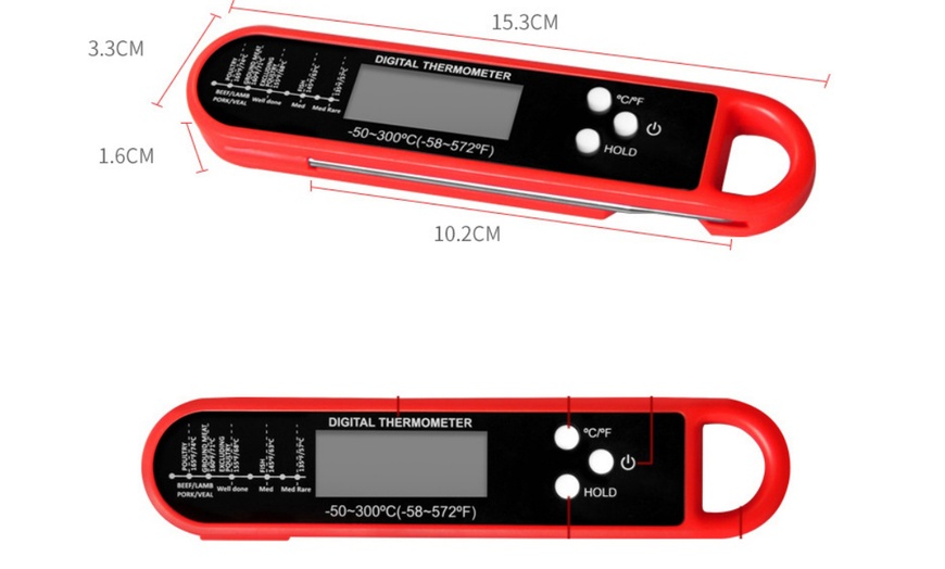 Image 7: Folding Food Thermometer - Instant Read, Digital, Stainless Steel Probe (-50-300°C)