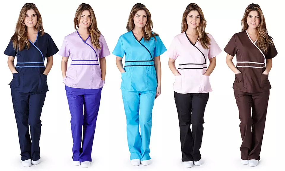 Women's Mock-Wrap Two-Tone Medical Scrubs Set (2-Piece) - Primary Image