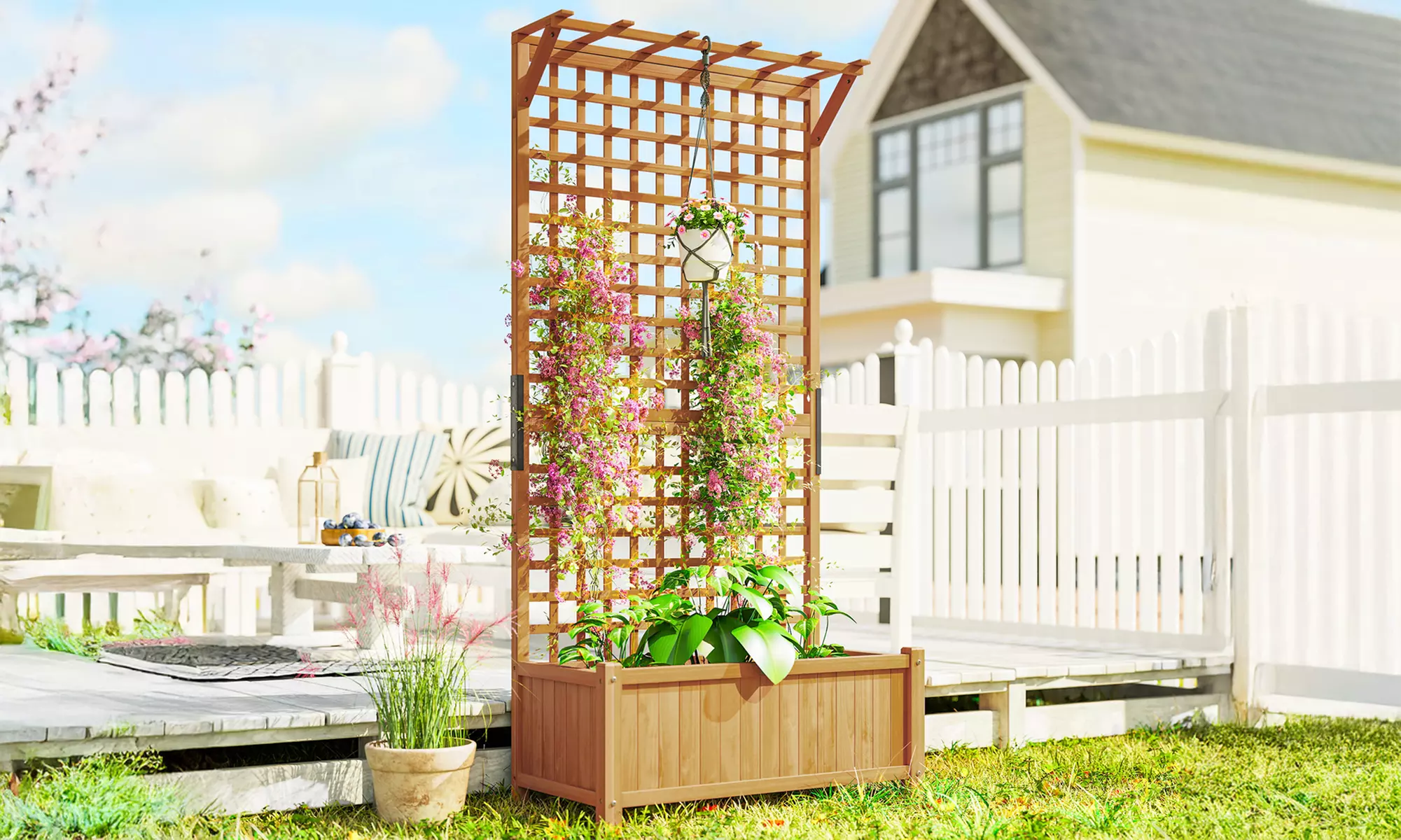 Outsunny Wooden Garden Planter with Trellis and Hanging Roof