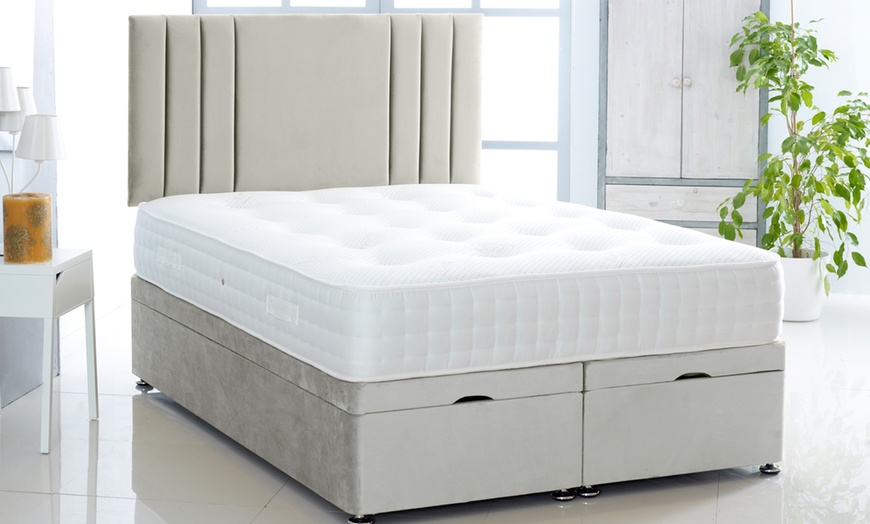 Image 1: Plush Velvet Ottoman Gas Lift Bed with Memory Spring Mattress
