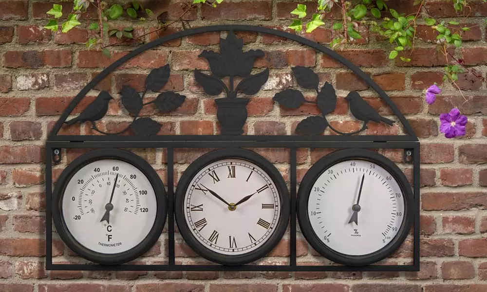 Garten-Wanduhr und Wetterstation aus Stahl in Schiefergrau oder Creme - Second Medium