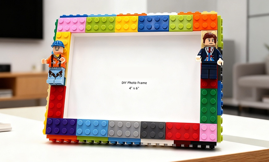 Image 1: LEGO Inspired DIY Building Block Photo Frame Tabletop Set with Figures