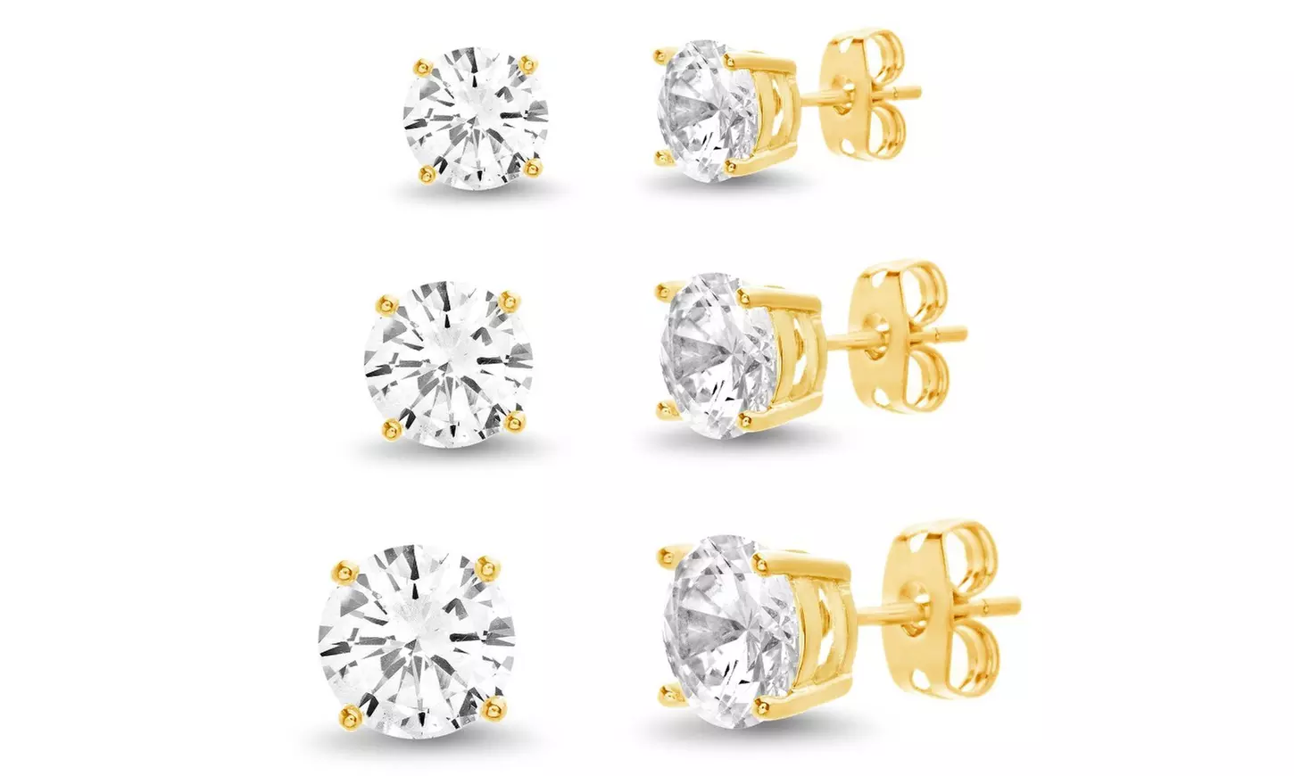 Set of 3 1CT , 2CT and 3CT Stud Earrings in 18K Yellow Gold Plating