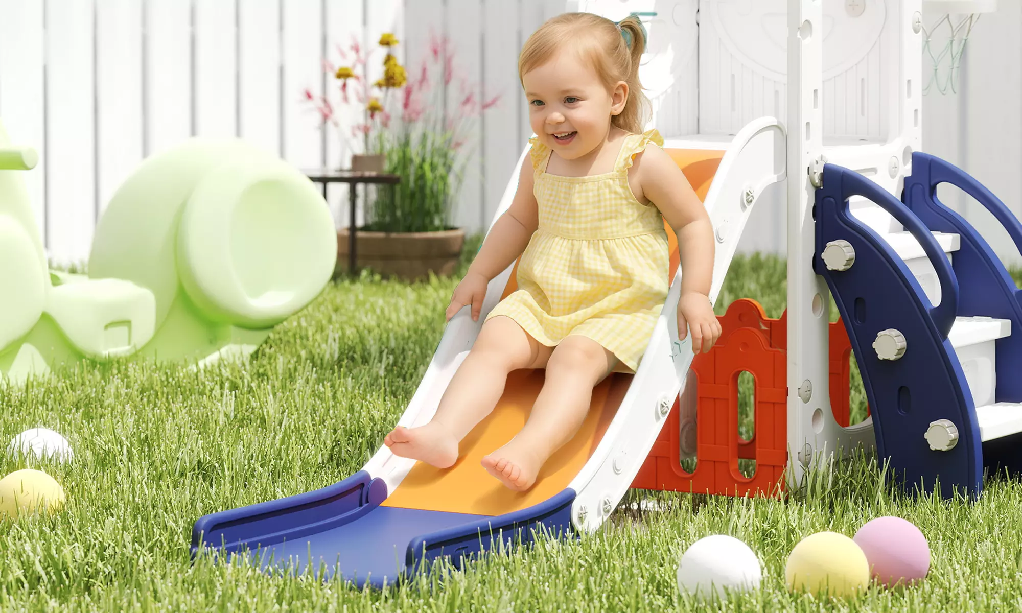 AIYAPLAY 5-in-1 Kids Slide Set with Telescope & Basketball Hoop