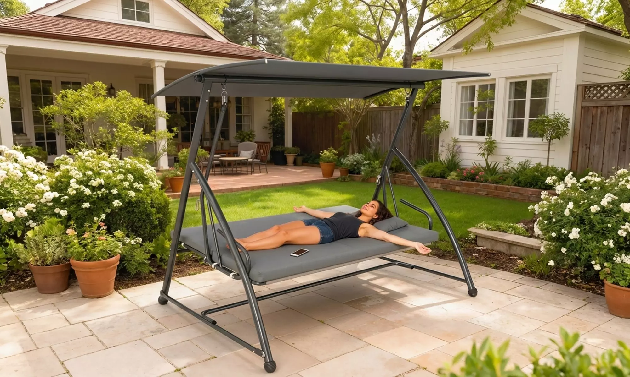 Outsunny 3-Seater Convertible Garden Swing Chair with Canopy