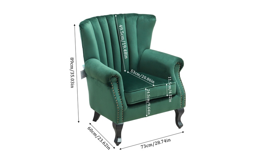 Image 7: Velvet-Upholstered Wing Back Armchair