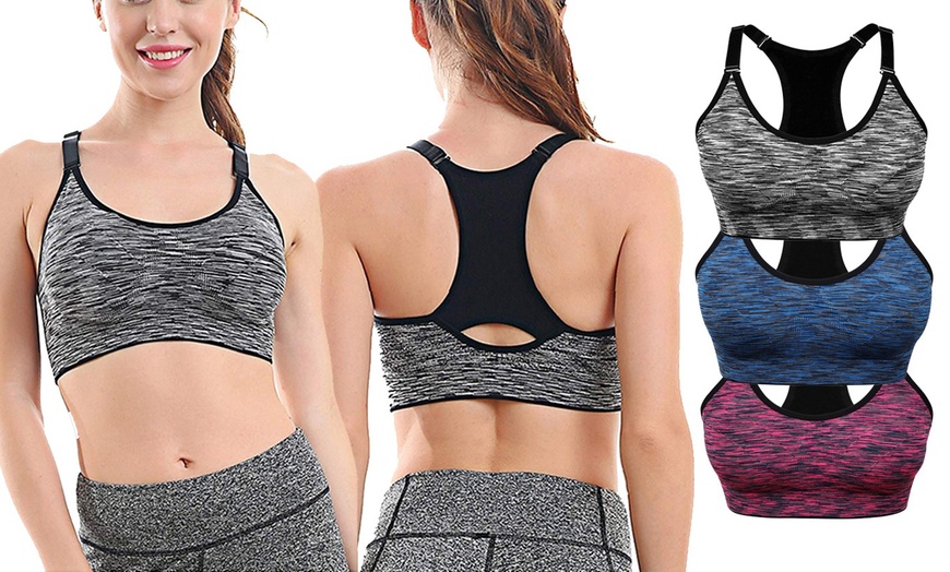 Image 3: 1-3 Pack Women Racerback Sports Bras Space Dye Seamless Stretchy Removable Pads