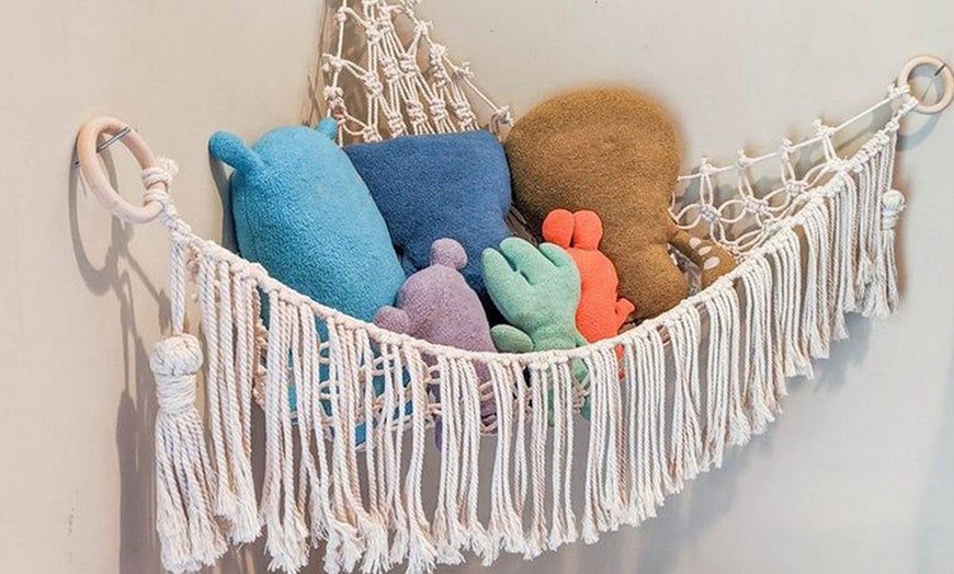 Image 1: Tassels Boho Plush Toy Hammock with String Light