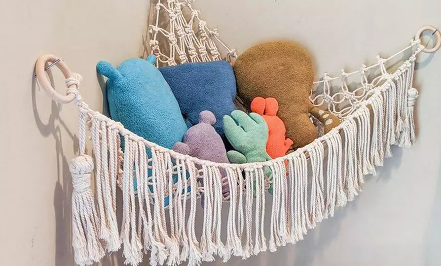 Image 1: Tassels Boho Plush Toy Hammock with String Light