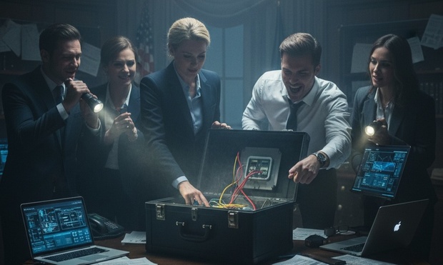 A group of people working together to solve a puzzle in a themed escape room.