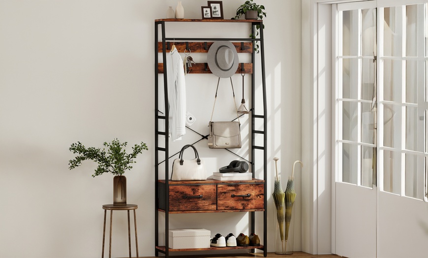 Image 7: HomCom Coat Rack with Shoe Storage Bench and Hooks