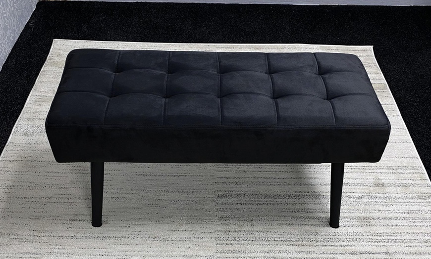 Image 2: Arrow-Design Wooden Dining Set with Velvet Chairs and Bench