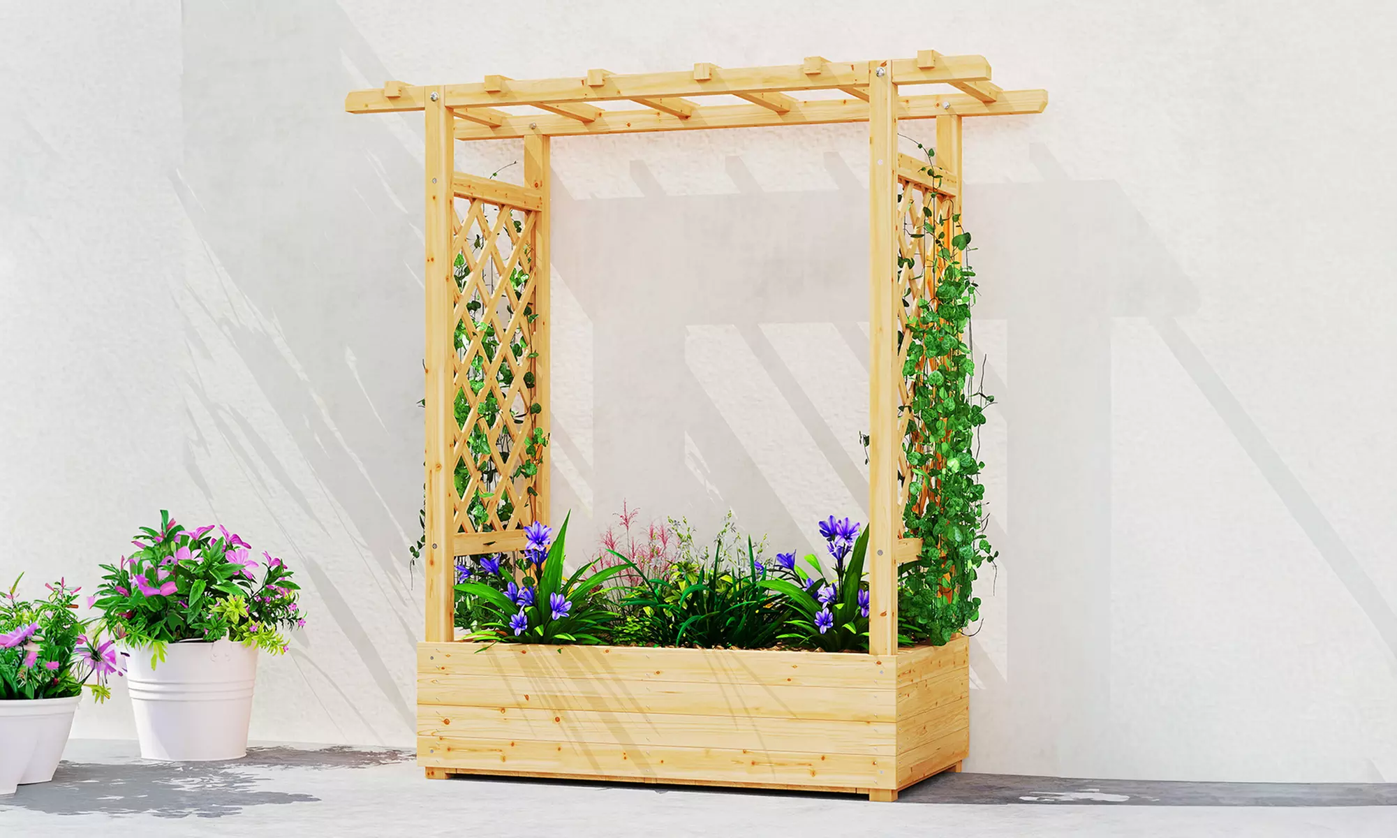 Outsunny Wooden Raised Garden Bed with Trellis and Hanging Rails